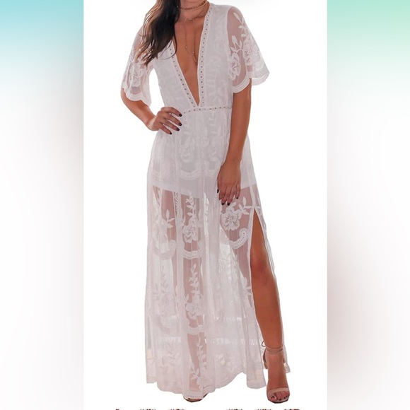 chinese dress ladies Eleter Women's Deep V-Neck Lace Romper Short Sleeve Long Dress (X-Large,  Wine Red) : Amazon.ca: Clothing, Shoes & Accessories main image 1